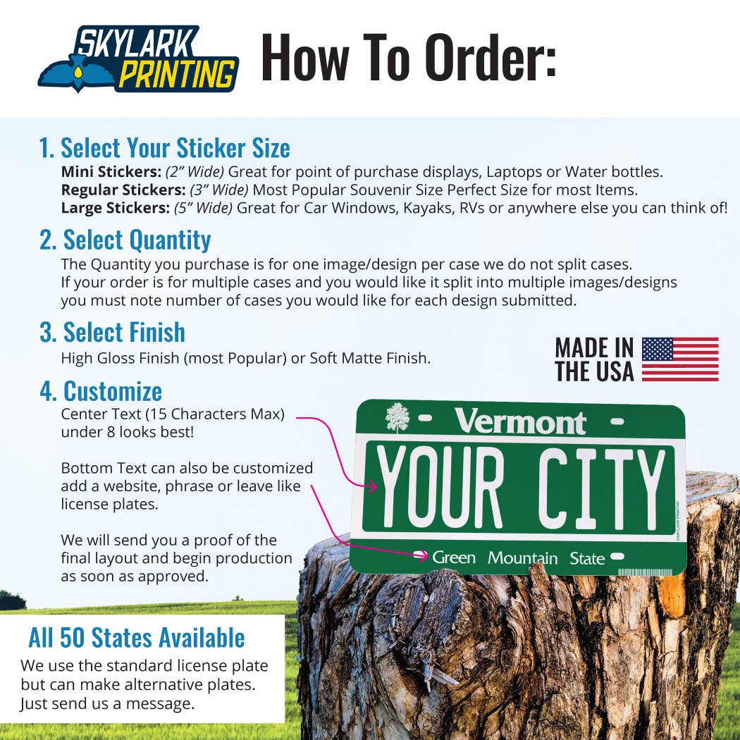 Skylark Printing - Vermont Plate Souvenir Sticker with Your City, Text