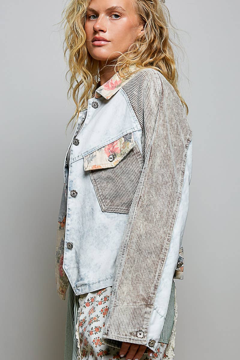 Pol Clothing - Soft Corduroy Sleeves Contrast Cropped Patchwork Jacket