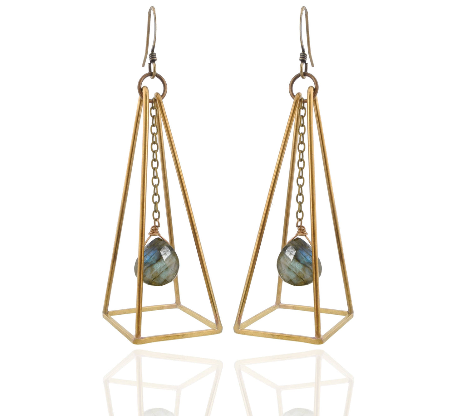 Edgy Petal Jewelry - Labradorite Brass Pyramid Gemstone Earrings 3-D Statement