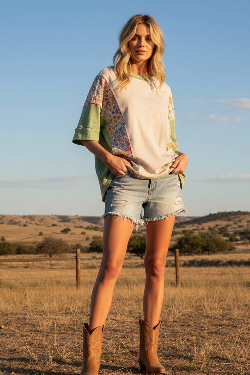 Sewn and Seen - WASHED FLORAL PATCHWORK OVERSIZED CONTRAST TEE