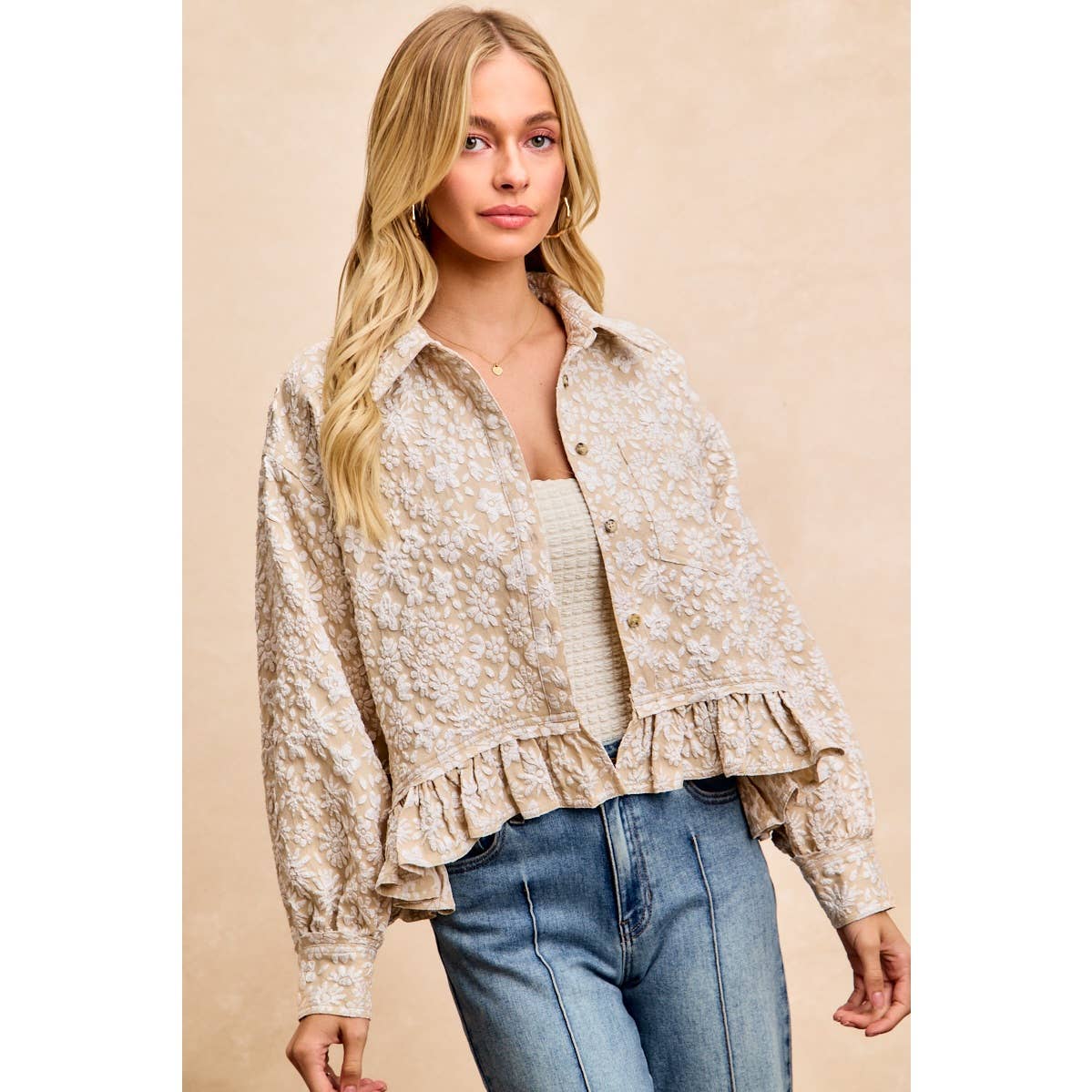 BiBi - TEXTURED FLORAL PATTERN RUFFLED HEM SHIRT TOP