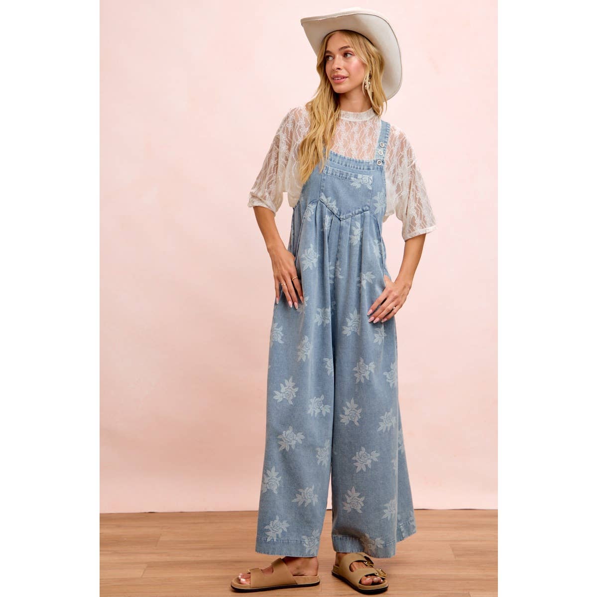 BiBi - ROSE PRINTED WASHED DENIM OVERALLS WITH PLEATS