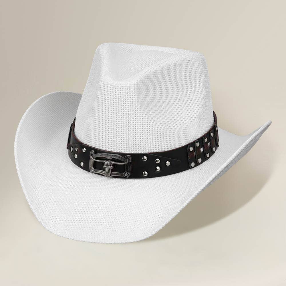 Sensibling Corp. - Steer Head Accent Studded Faux Leather Band Western Straw Cowboy Hat