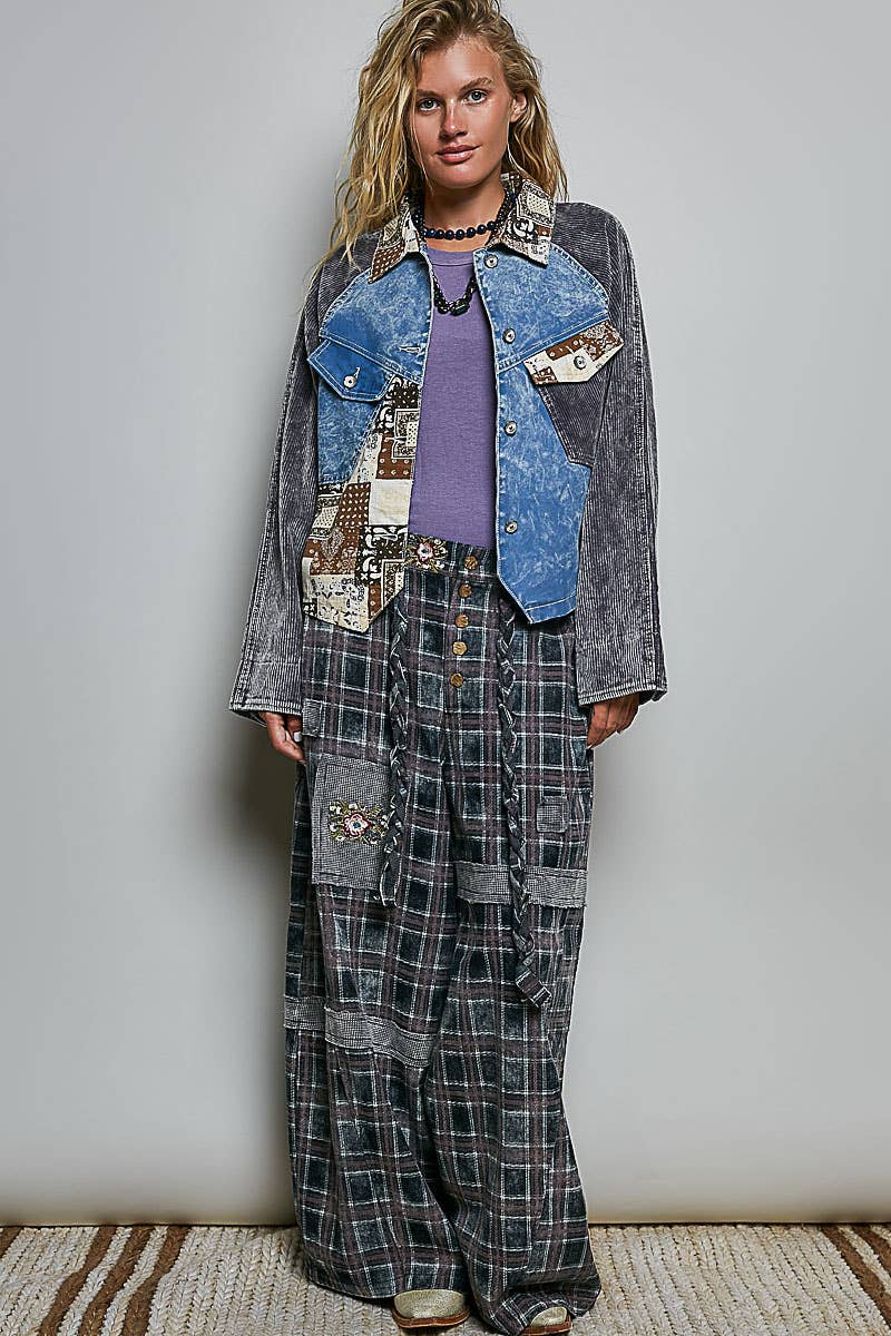 Pol Clothing - Soft Corduroy Sleeves Contrast Cropped Patchwork Jacket