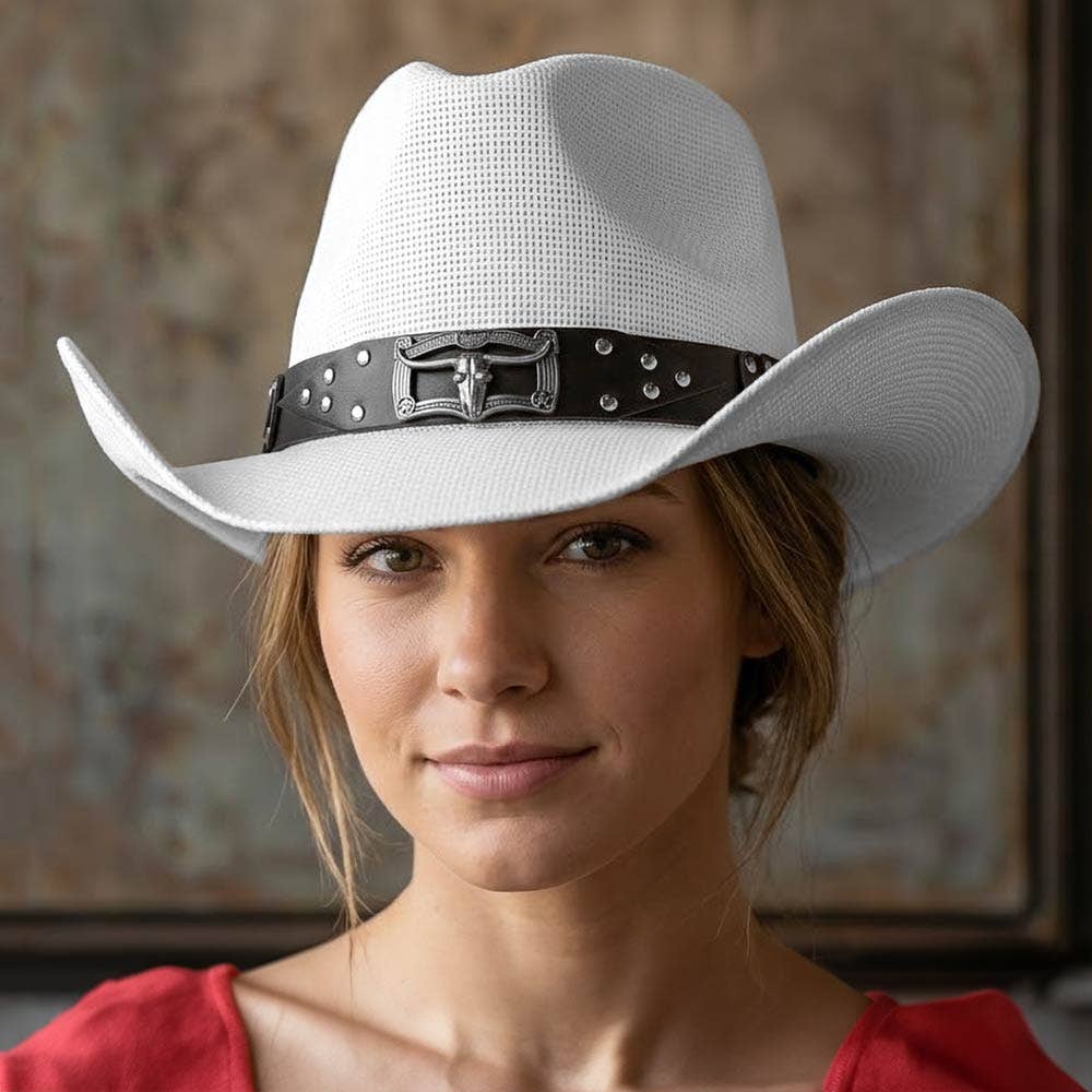 Sensibling Corp. - Steer Head Accent Studded Faux Leather Band Western Straw Cowboy Hat