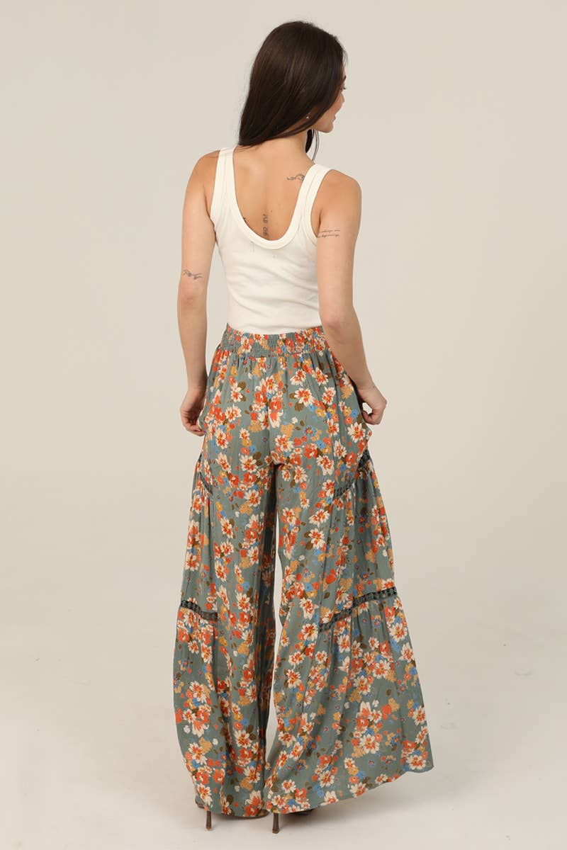 ANGIE - 25R84-A854 FLORAL PRINT WIDE LEG PANTS WITH LACE INSERTS