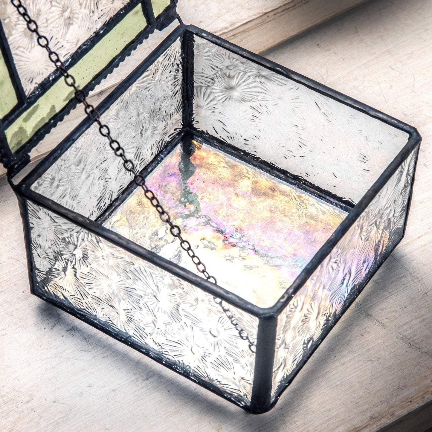 J Devlin Glass Art & Bert Anderson Collection - Box 141 Sage and Clear Florentine Glass Box with Dragonfly Accent