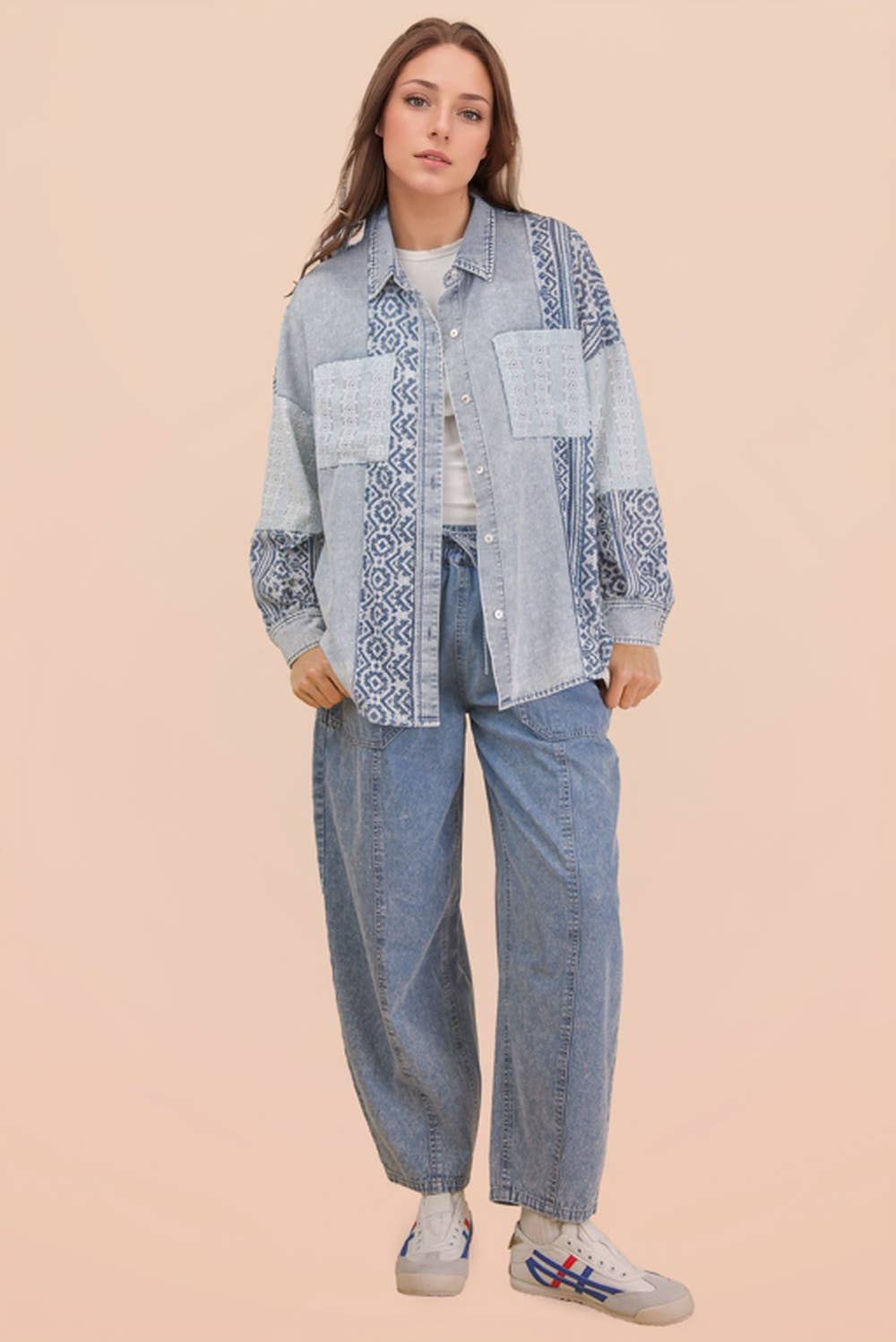 VERY J - NT12456-Oversized Washed Denim Shirt Top W/ Cont Fabric