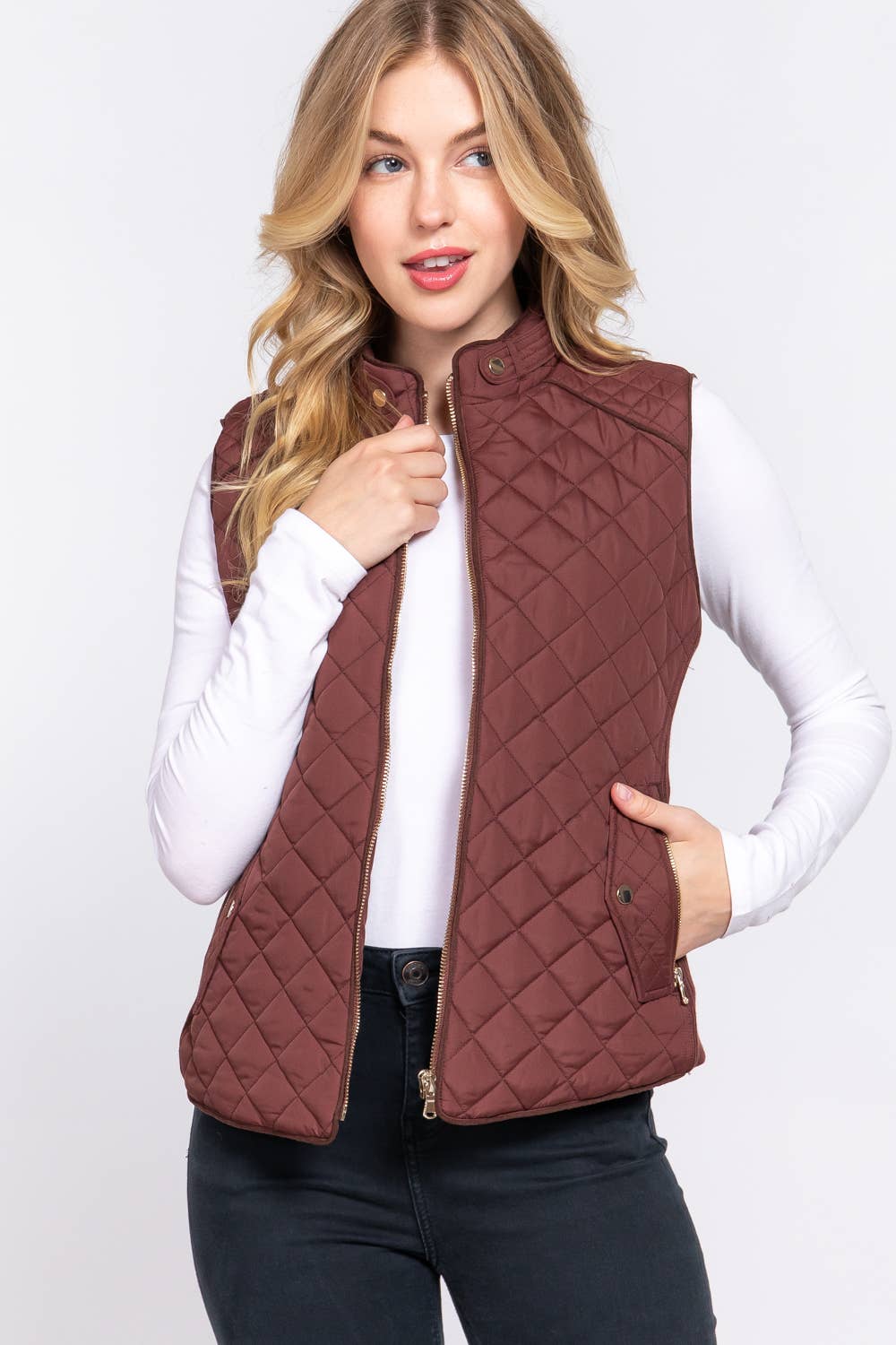 SI-24743 SLIM FIT SUEDE PIPING QUILTED PADDING VEST: NVY-navy-155350