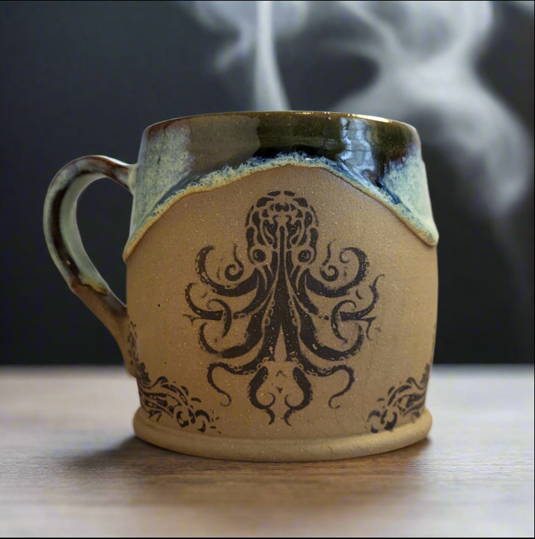 Divine Vessels Pottery - Octopus mug coastal design with wave glaze and sandy texture