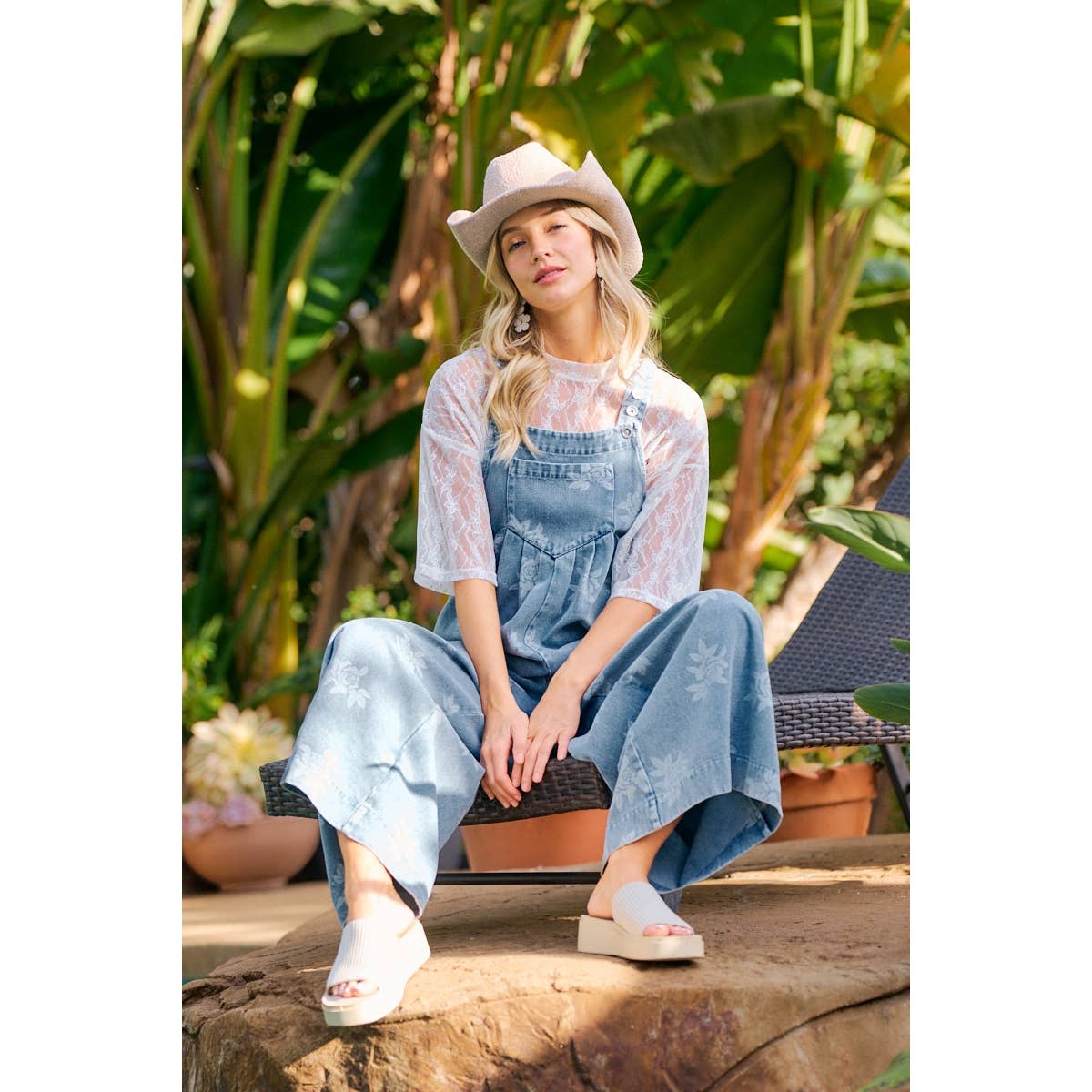 BiBi - ROSE PRINTED WASHED DENIM OVERALLS WITH PLEATS