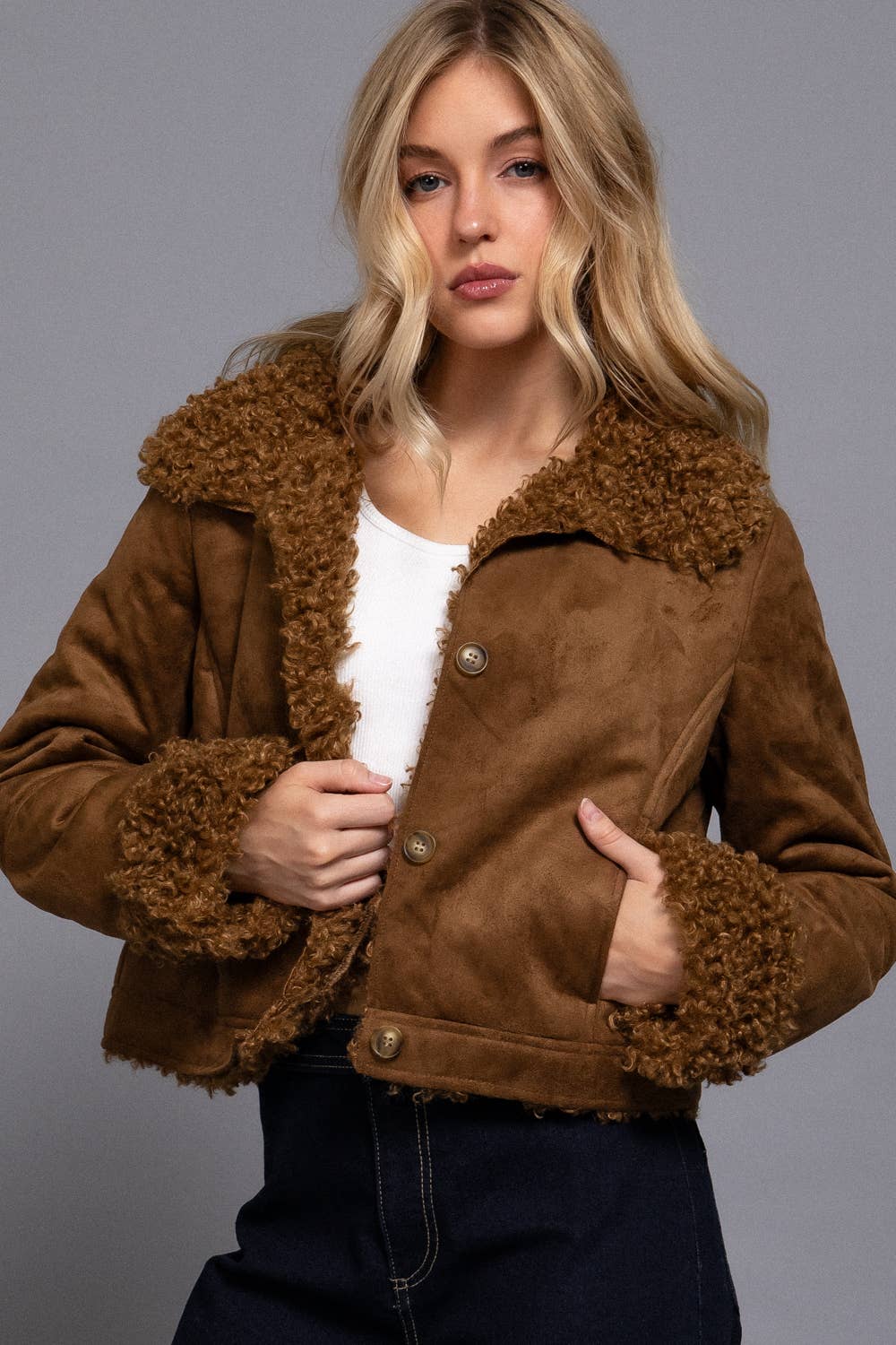 Active Basic | Active USA - Long Sleeve Inside Fur Detail Penny Lane Suede Short Jacket