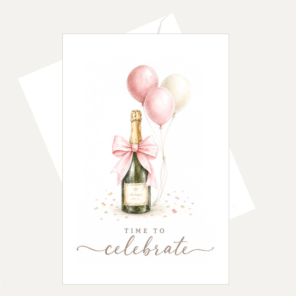 Bellflower Girl - Time to Celebrate | Pink Bow Champagne | Watercolor Card
