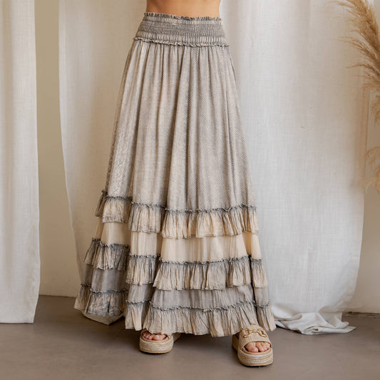 Young Threads - Rustic Textured Smocked Waist Ruffled Tiered Maxi Skirt