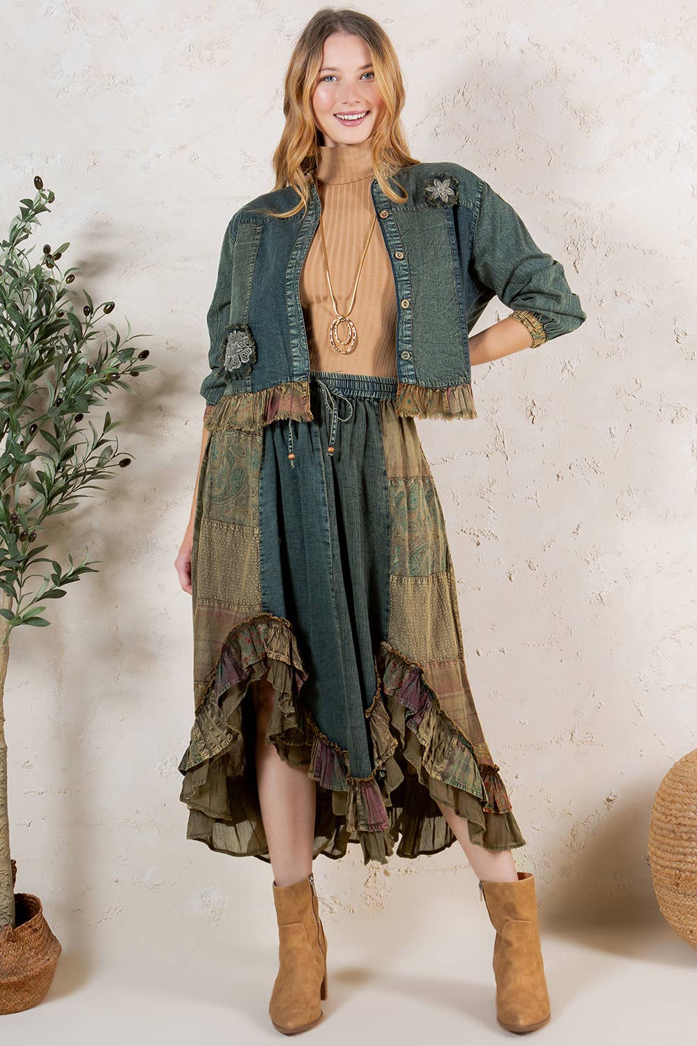 Young Threads - Western Boho Chic: Patchwork Midi Skirt