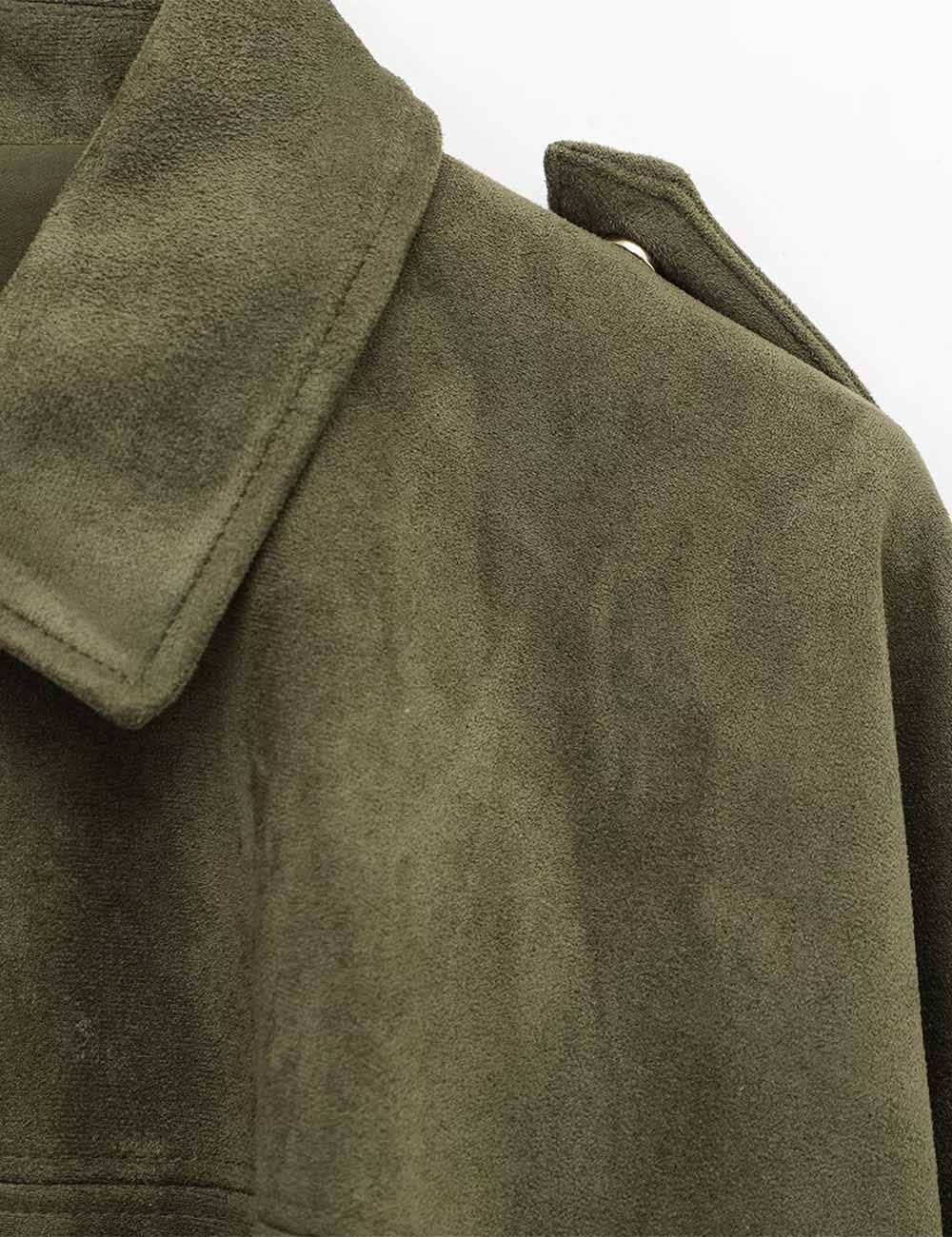 Sweetkama - Ladies Faux Suede Bomber Jacket Shirt Collar Zip-Up Coat