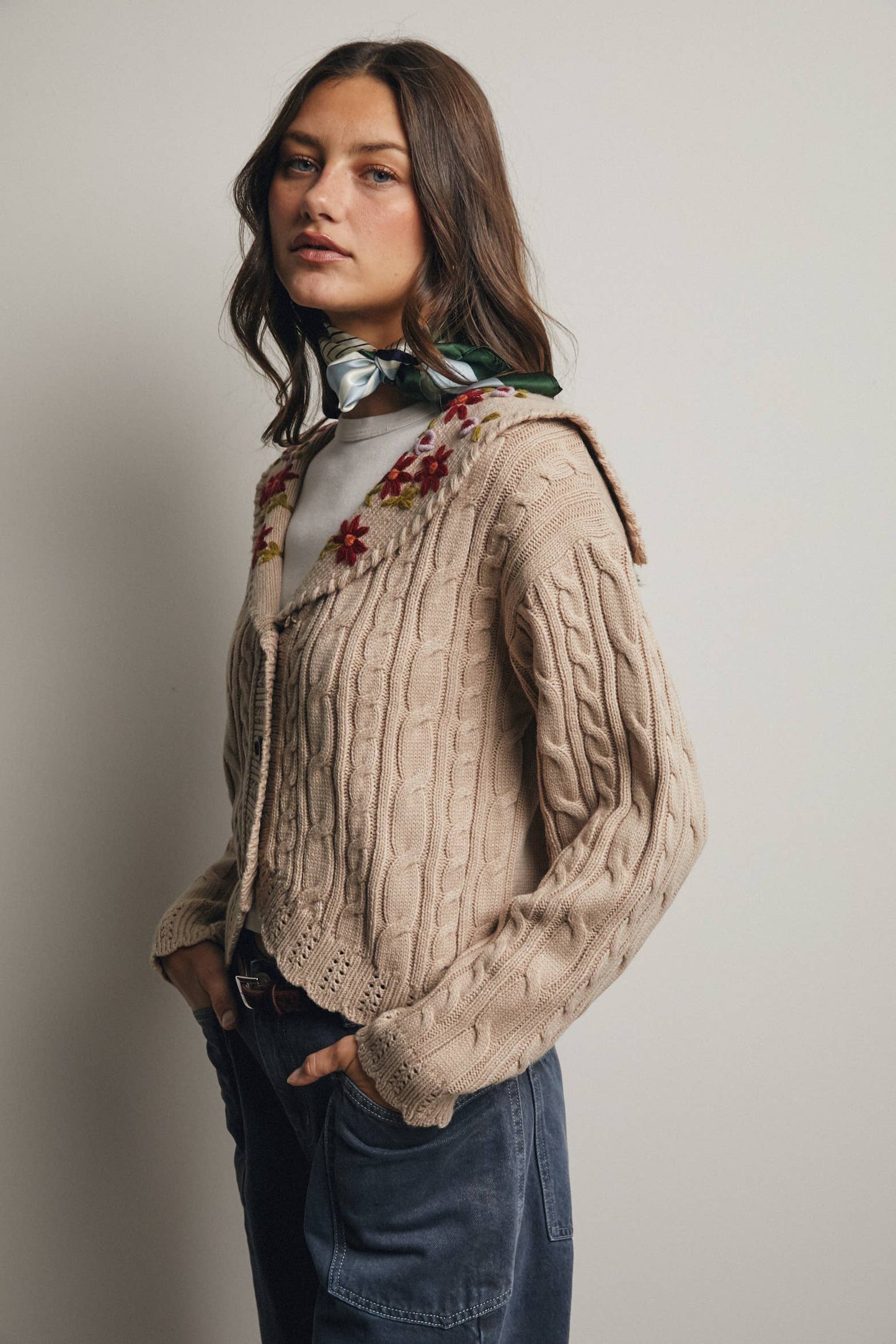 Forte - Cable Knit Embroidered Collar Cardigan FSW0024