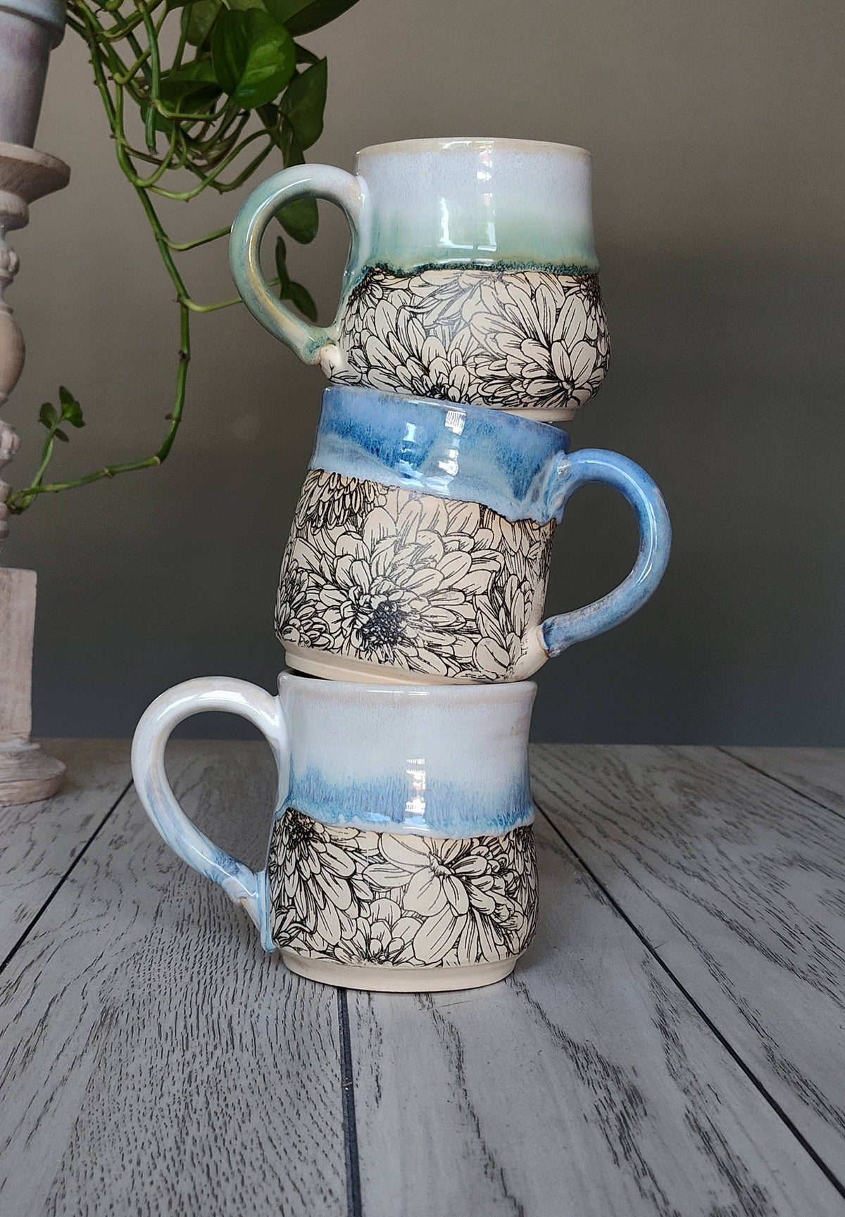 Rise and Design Art Studio - Flower Blue Cream Mug – Handmade Ceramic (12-16 oz)