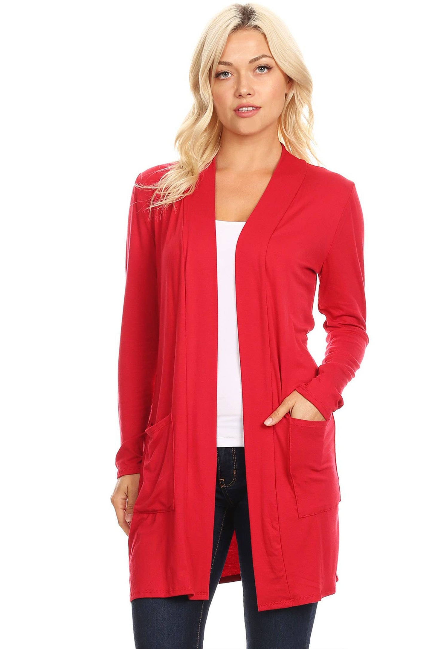 Women's Long Sleeves Side Pockets Solid Cardigan (Open Pack): Medium / Plum