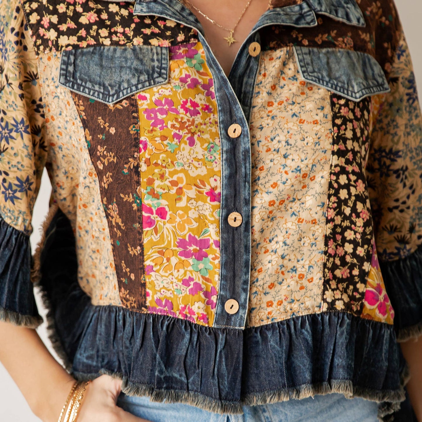 Young Threads - Distressed Denim Crop Jacket with Ruffled Hem