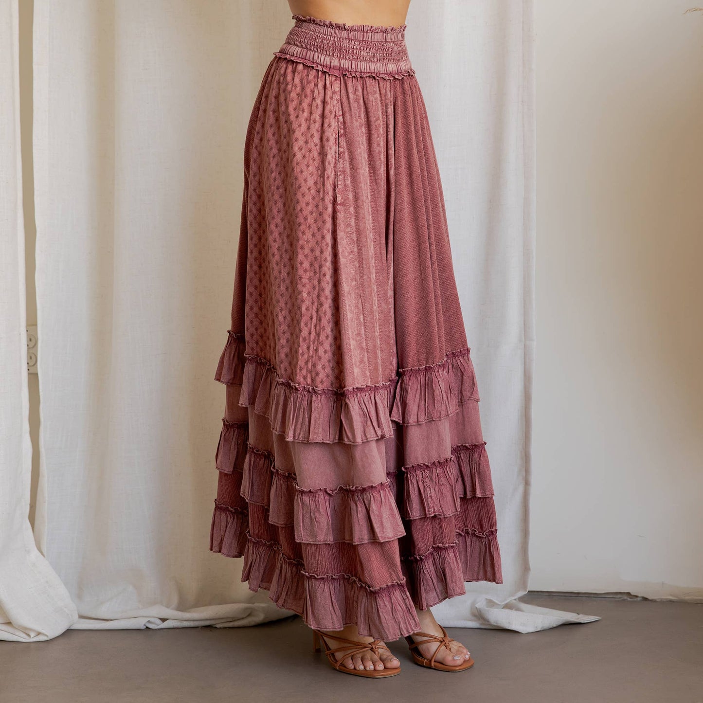 Young Threads - Rustic Textured Smocked Waist Ruffled Tiered Maxi Skirt