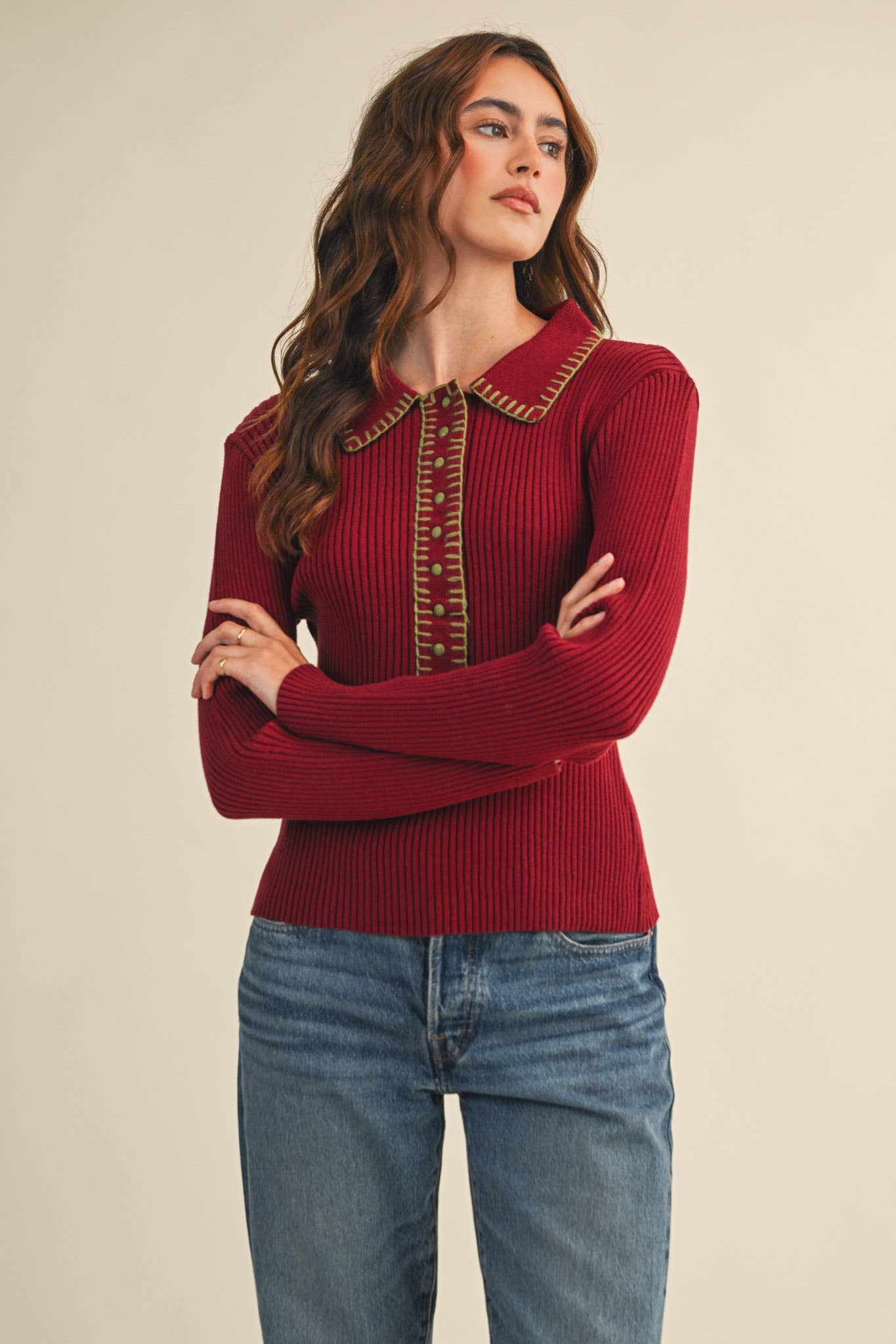 &MERCI - COLLARED RIBBED SWEATER WITH CONTRAST STITCH MSW11233