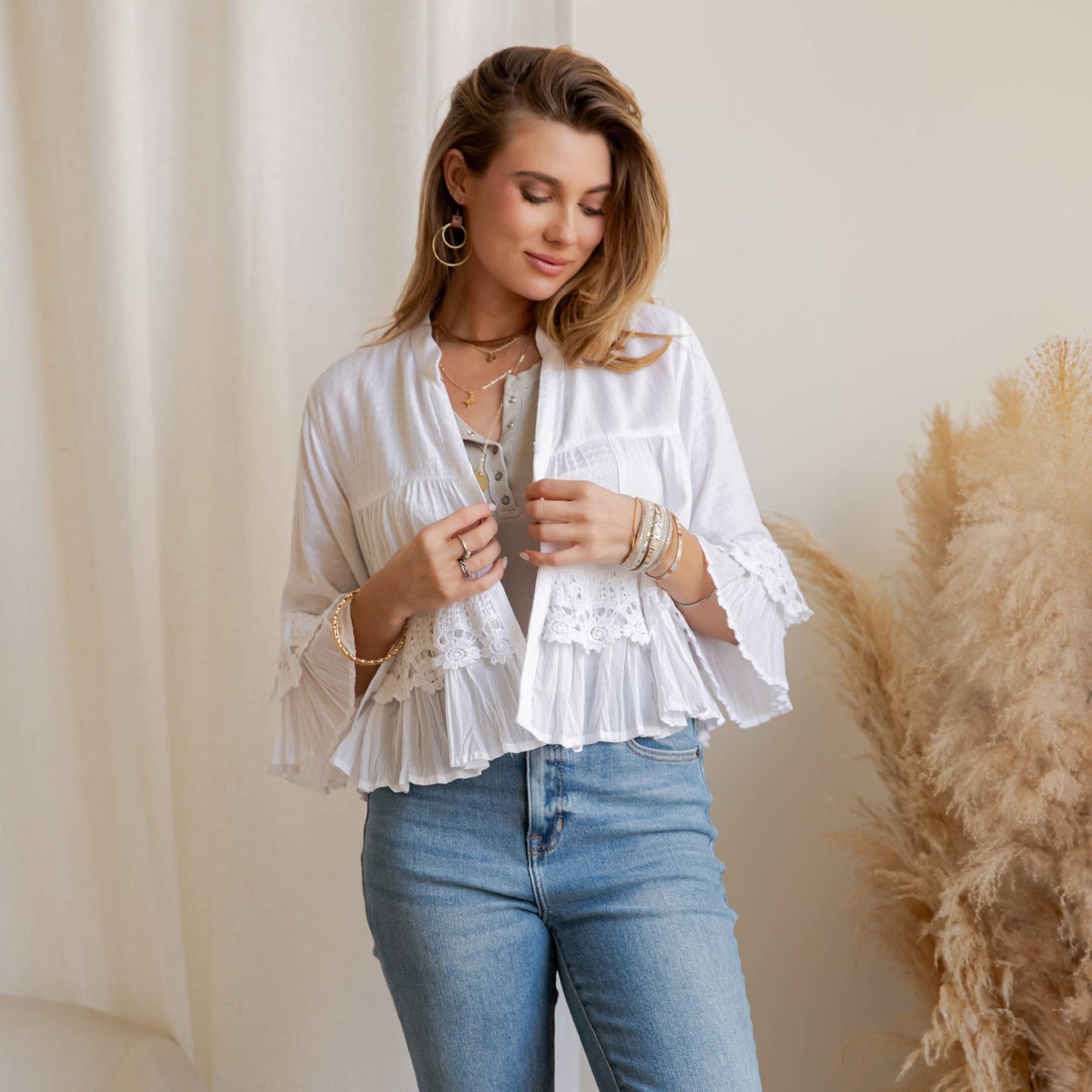 Young Threads - Mineral Wash Tiered Crochet Lace Open Front Shrug - 3 Colors