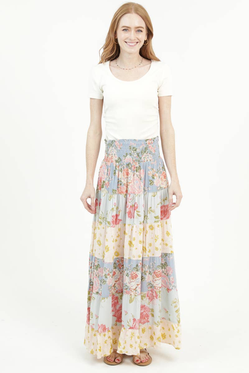 ANGIE - 26P57-WB24-WB25 MIX PRINT A LINE MAXI SKIRT WITH SMOCKED WAI