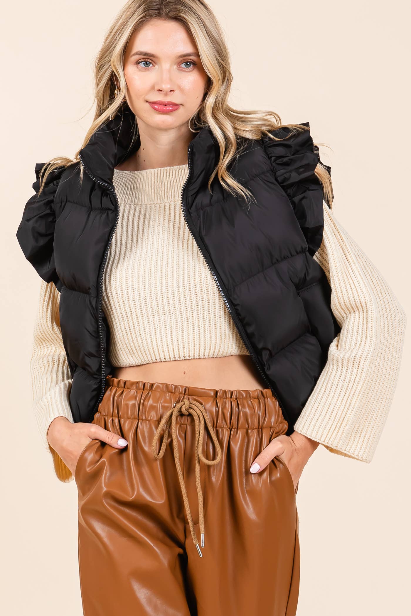 GeeGee Clothing - Ruffled Sleeve Puffer Vest, MJ4501