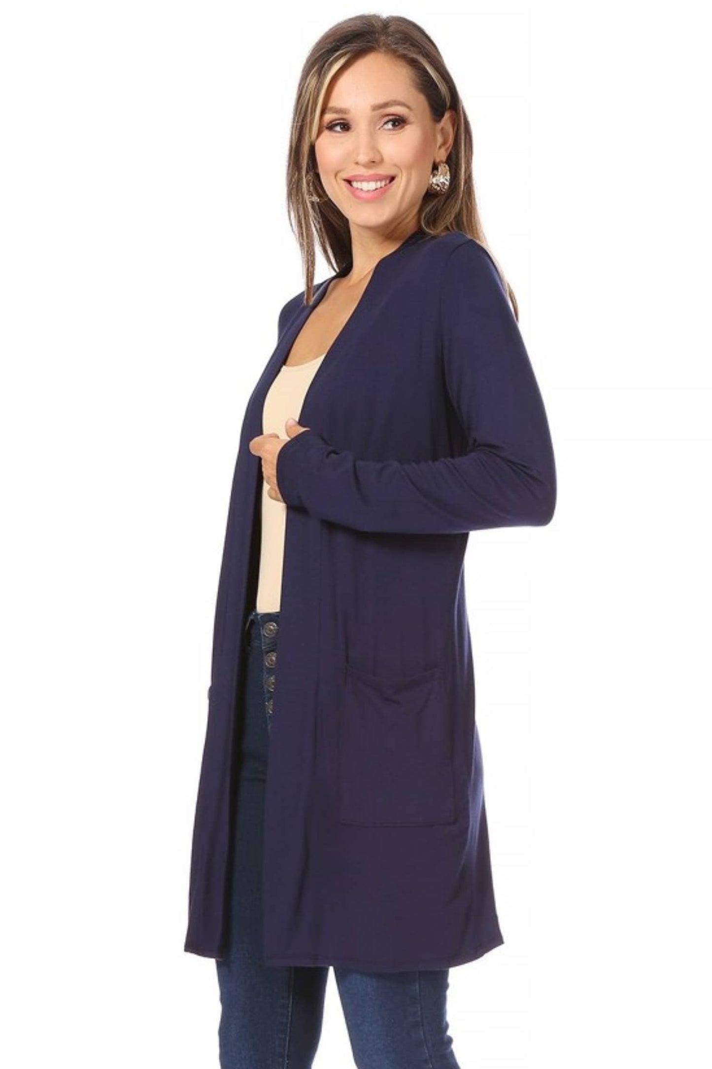 Women's Long Sleeves Side Pockets Solid Cardigan (Open Pack): Medium / Plum
