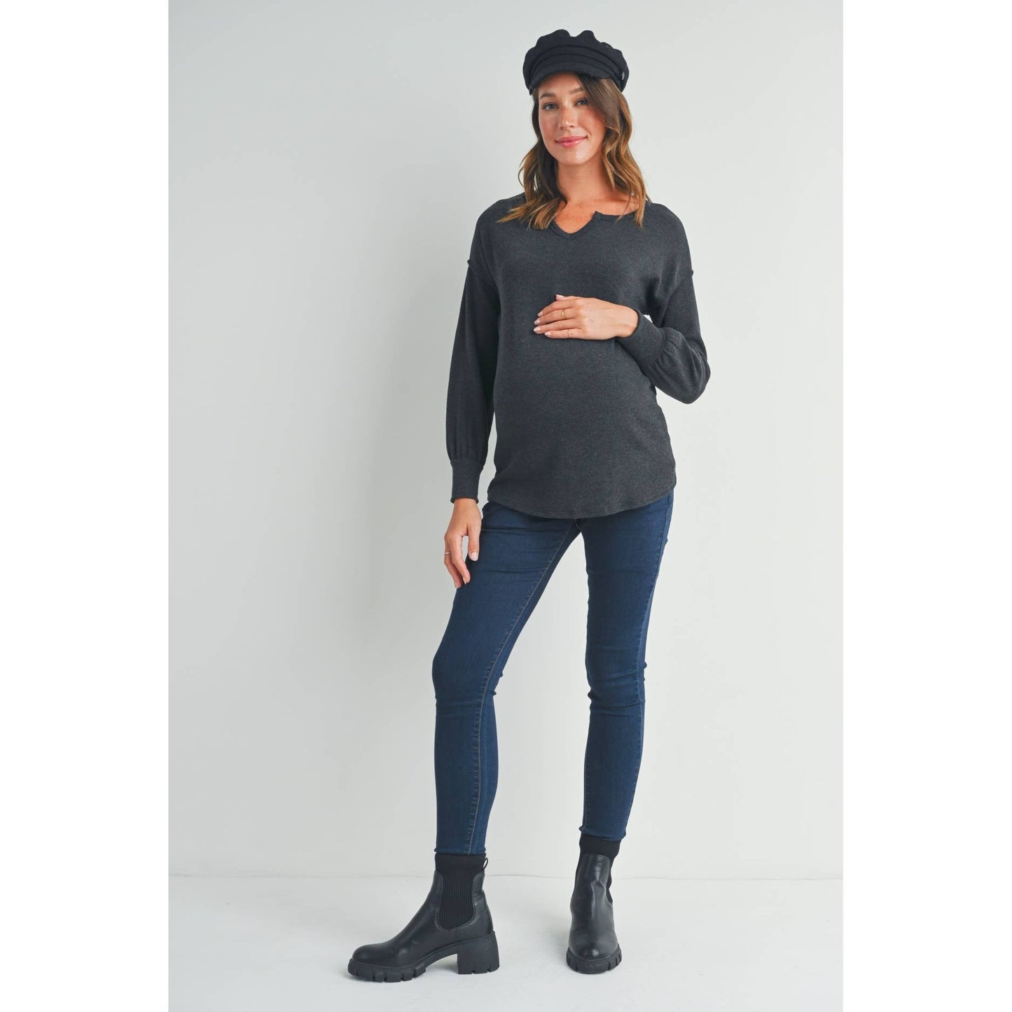 Hello Miz - Split Neck Long Sleeve Maternity Knit Top