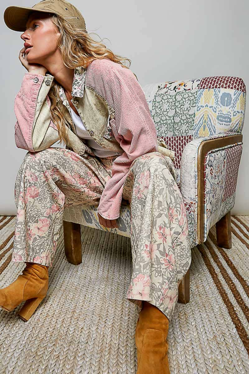 Pol Clothing - Soft Corduroy Sleeves Contrast Cropped Patchwork Jacket