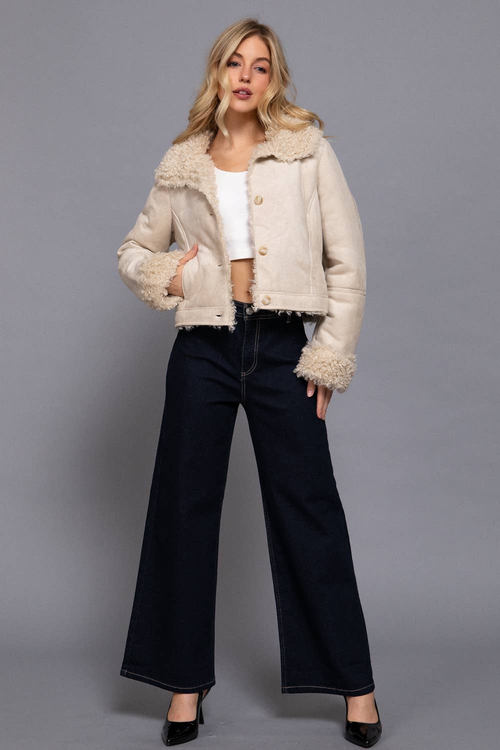 Active Basic | Active USA - Long Sleeve Inside Fur Detail Penny Lane Suede Short Jacket