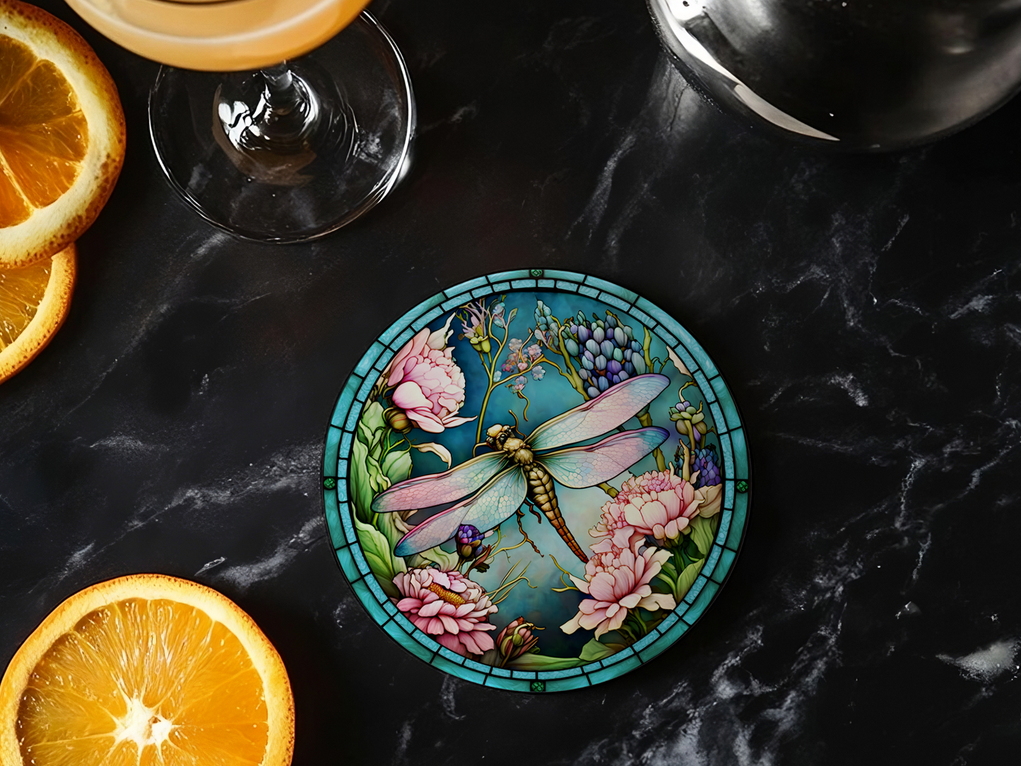 Fernville Creations - Dragonfly Coaster with Pink Flower for Coffee Table Decor