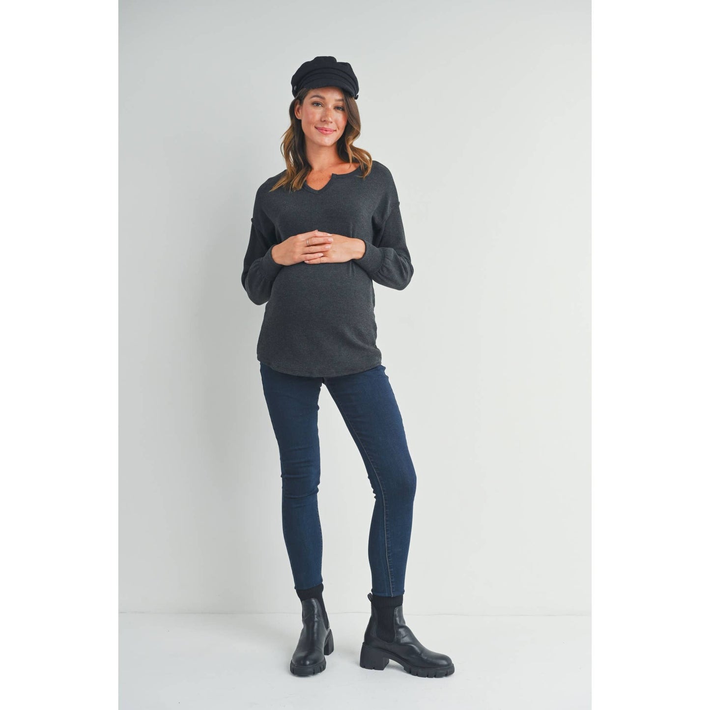 Hello Miz - Split Neck Long Sleeve Maternity Knit Top