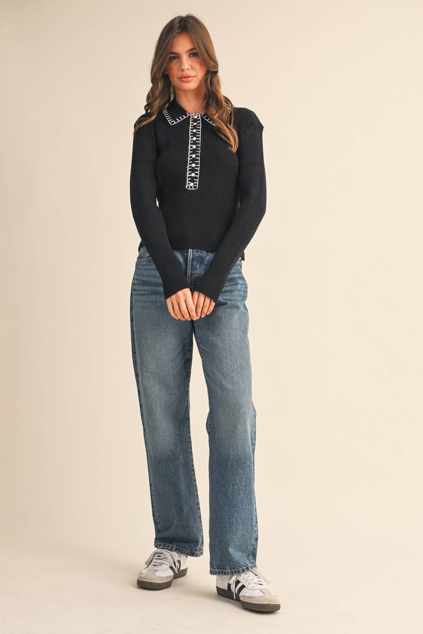 &MERCI - COLLARED RIBBED SWEATER WITH CONTRAST STITCH MSW11233