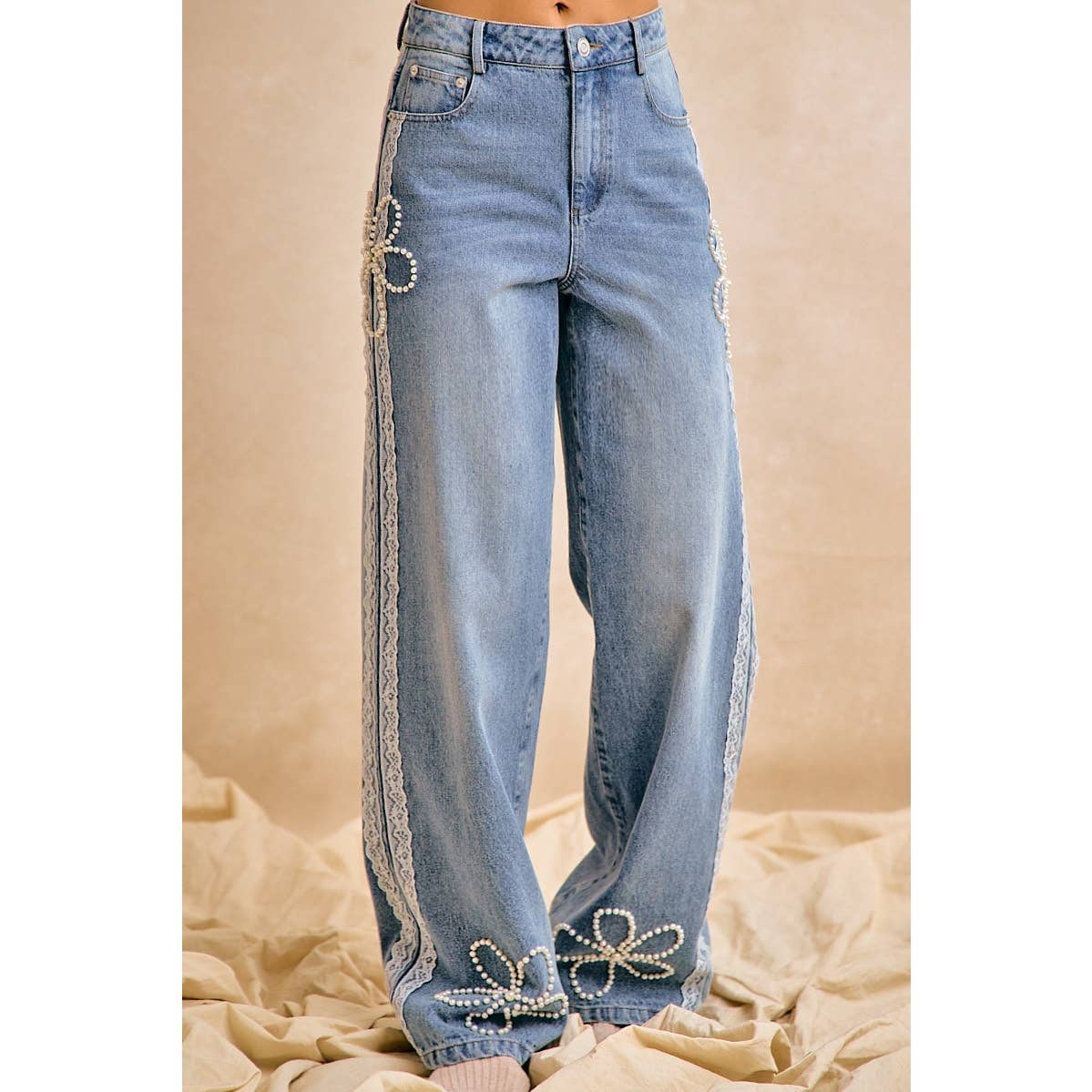 BiBi - LACE TRIM PEARL FLORAL WIDE LEG JEANS