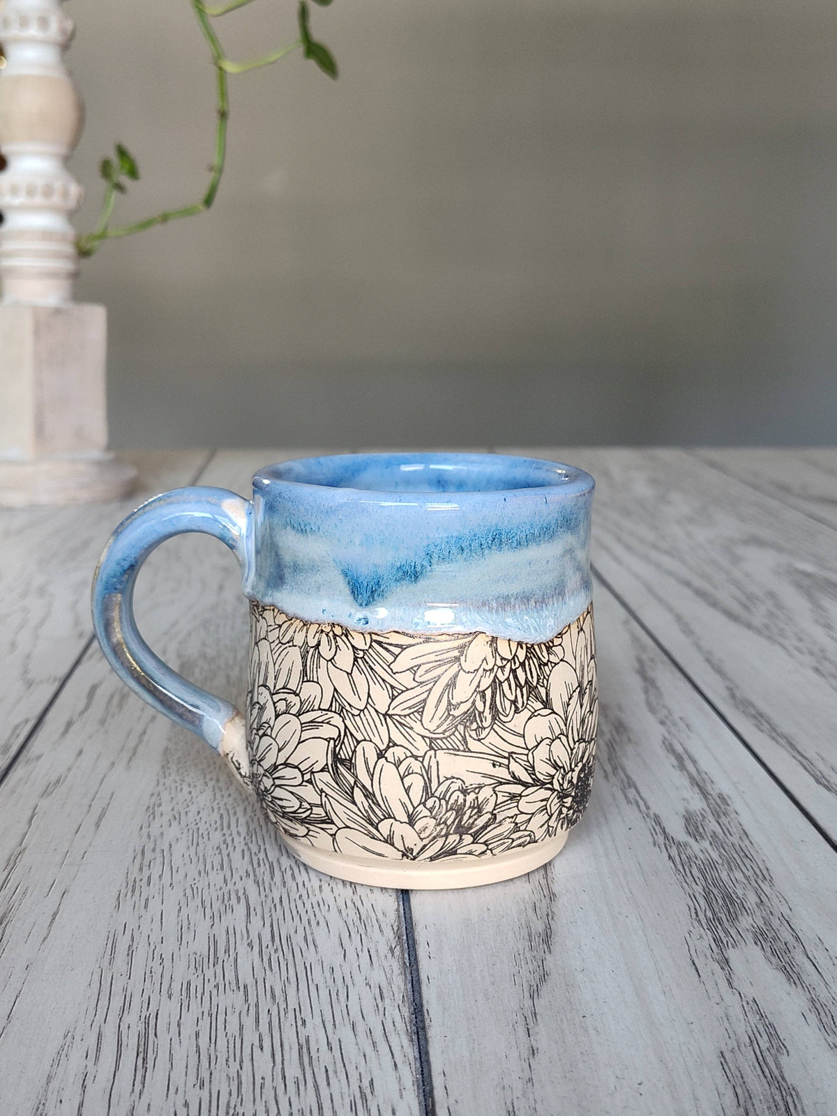 Rise and Design Art Studio - Flower Blue Cream Mug – Handmade Ceramic (12-16 oz)