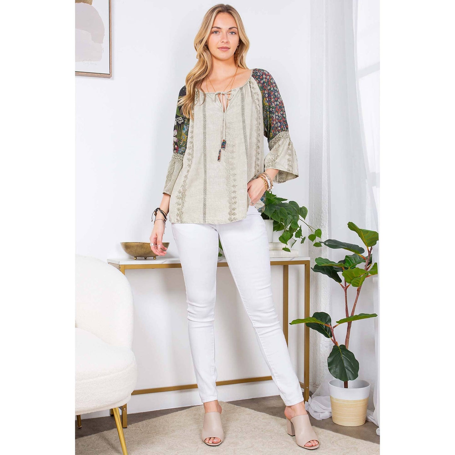 Young Threads - Enchanting Whimsy Overdyed Rayon Peasant Top With Embroidery