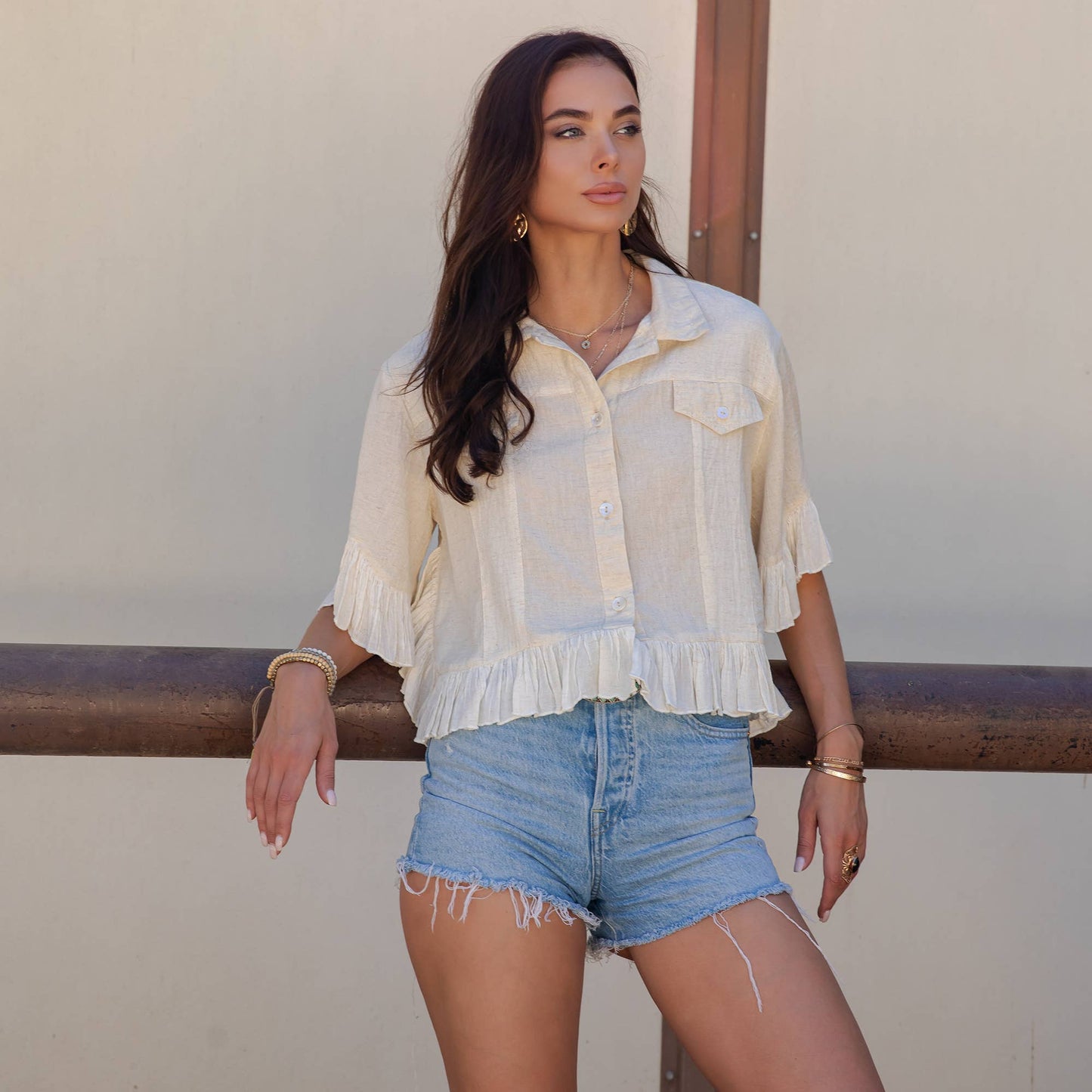 Young Threads - Distressed Denim Crop Jacket with Ruffled Hem