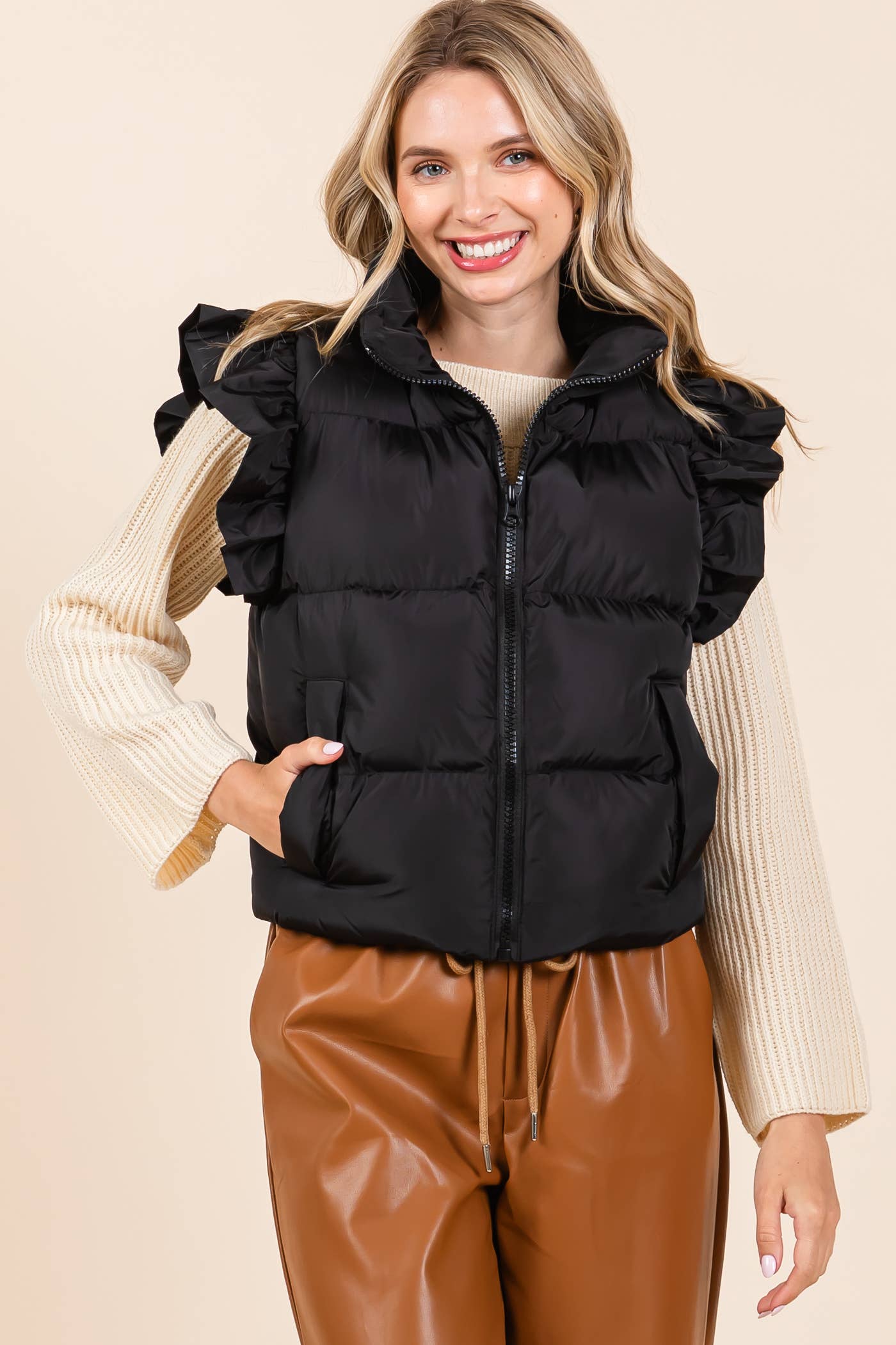 GeeGee Clothing - Ruffled Sleeve Puffer Vest, MJ4501