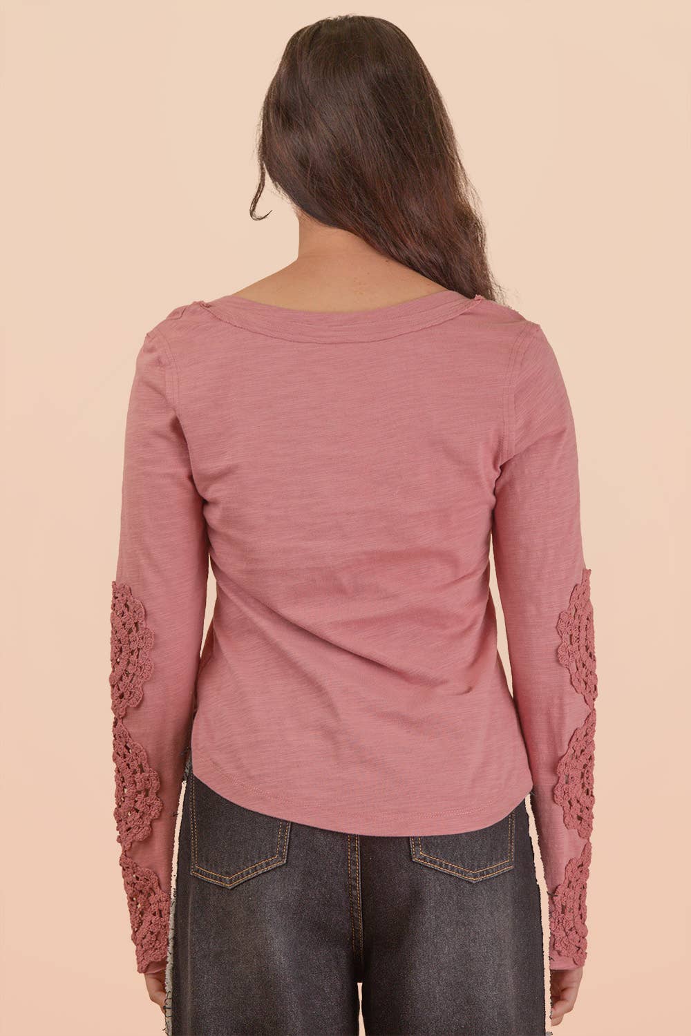 VERY J - NT12252-Sleeve Lace Trim Solid Knit Top