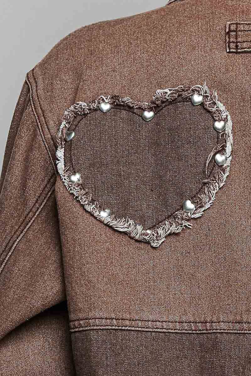 Pol Clothing - Heart-Shaped Patch Pockets Texture Stud Collar Woven Jacket