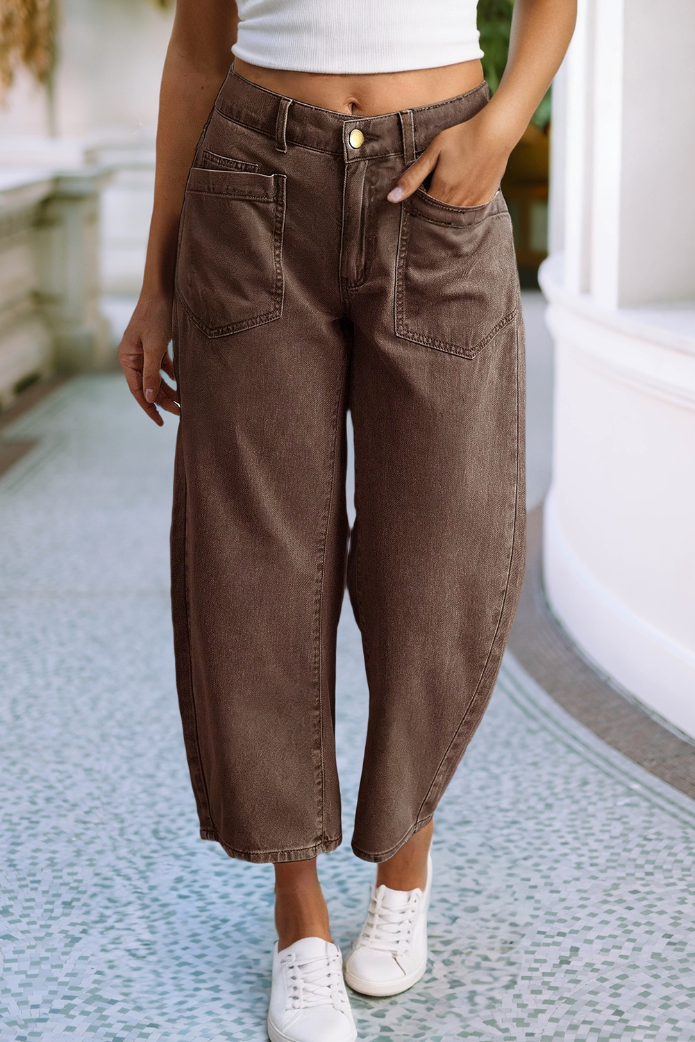 Little Daisy Closet - LDC Solid Square Patch Pocket Ankle-length Barrel Jeans