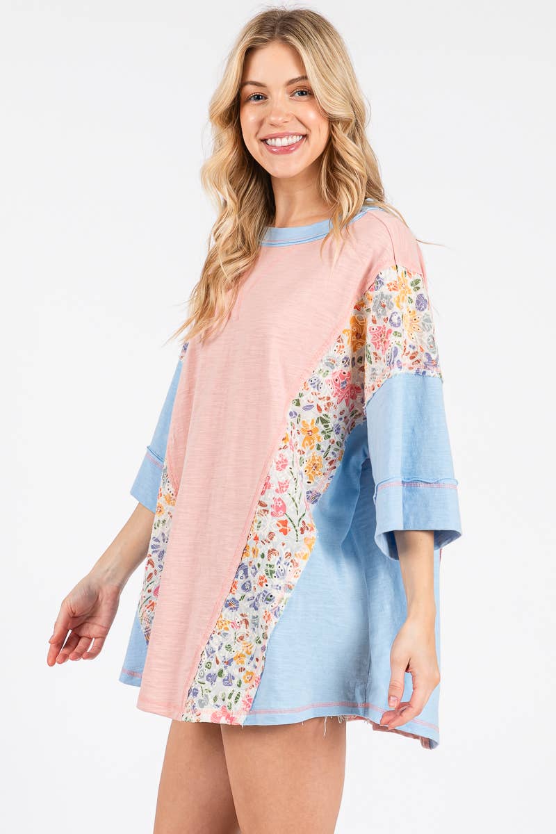 Sewn and Seen - WASHED FLORAL PATCHWORK OVERSIZED CONTRAST TEE