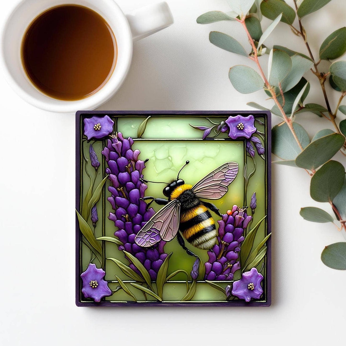 Fernville Creations - Bee & Lavender Ceramic Coaster with Cork Back for Home Decor