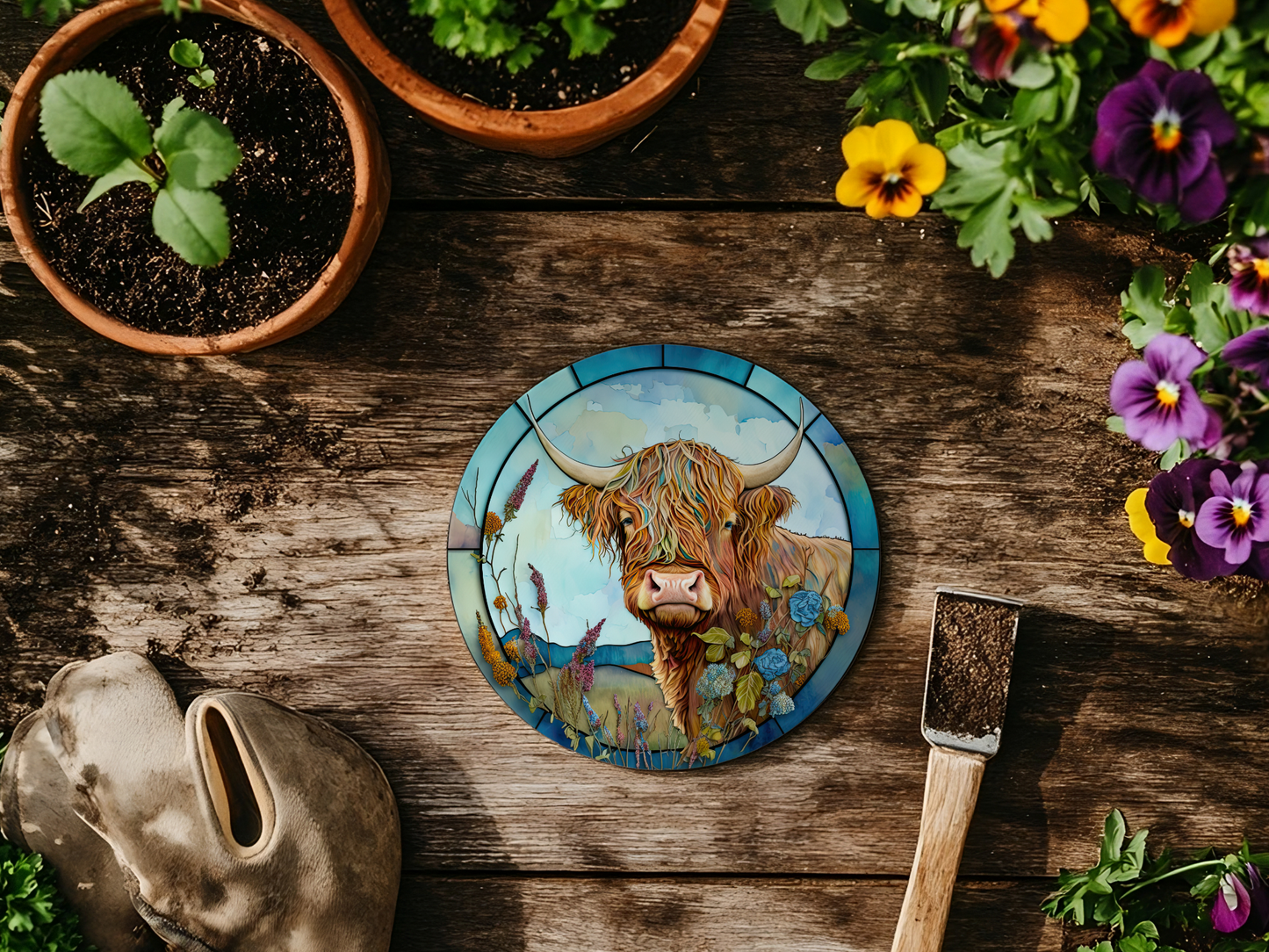 Fernville Creations - Highland Cow Coaster, Farmhouse Decor, Printed Stained Glass