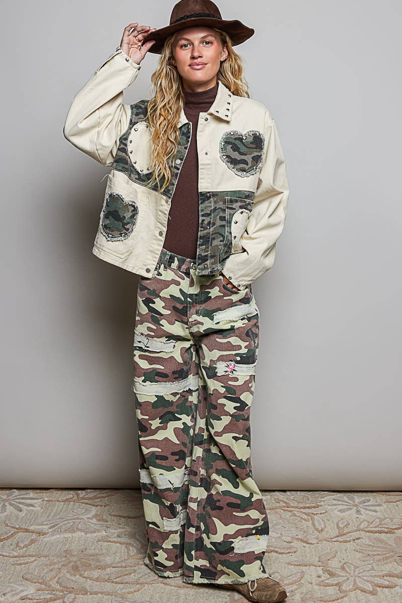 Pol Clothing - Heart-Shaped Patch Pockets Texture Stud Collar Woven Jacket
