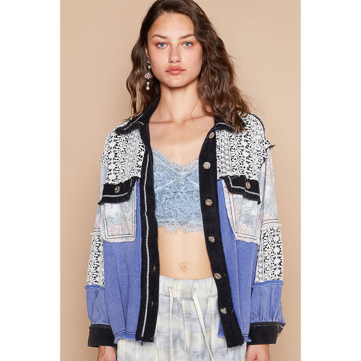 Pol Clothing - Vintage washed crochet contrast twill jacket