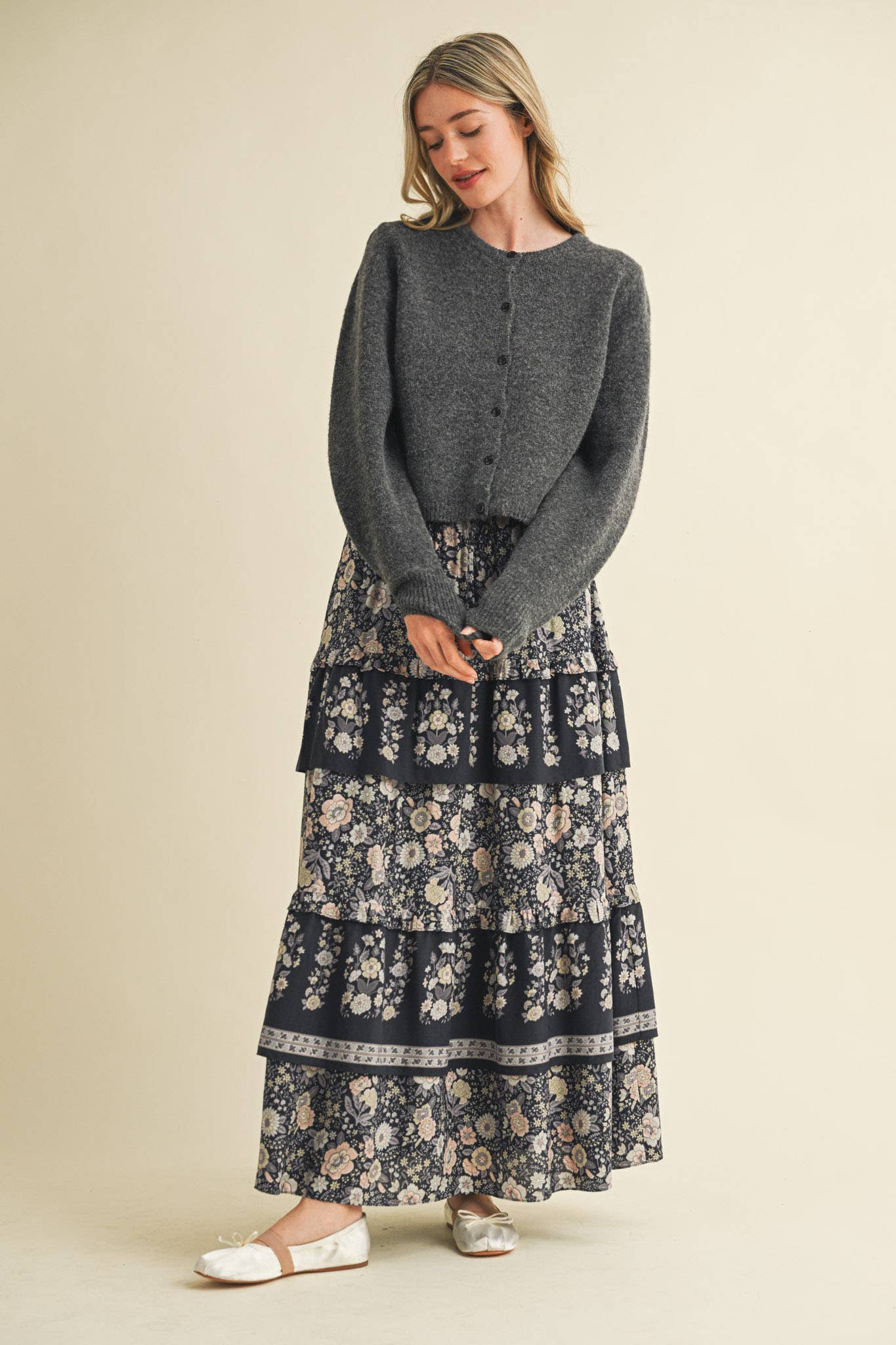 &MERCI - RUFFLE TIERED BORDER PRINT MIDI SKIRT MSK4166